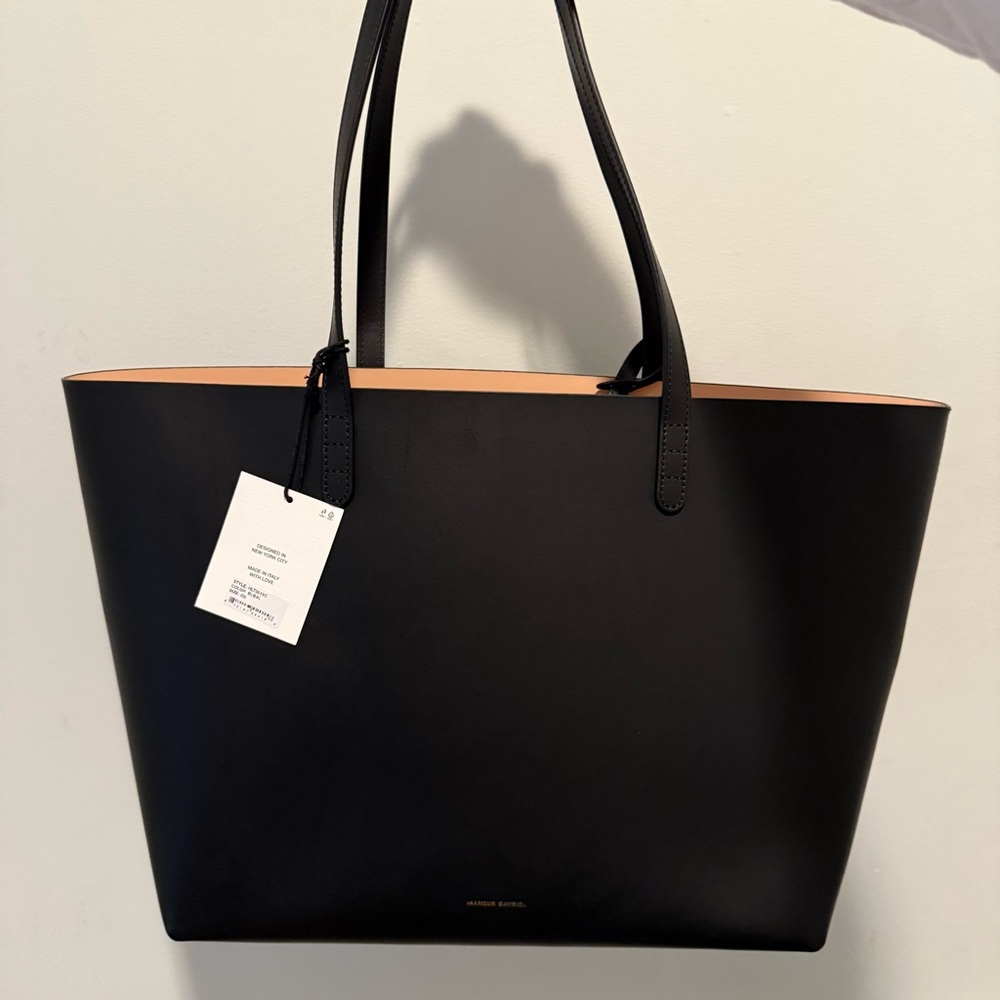 NWT Mansur Gabriel Black Leather Tote with Pink Lining
